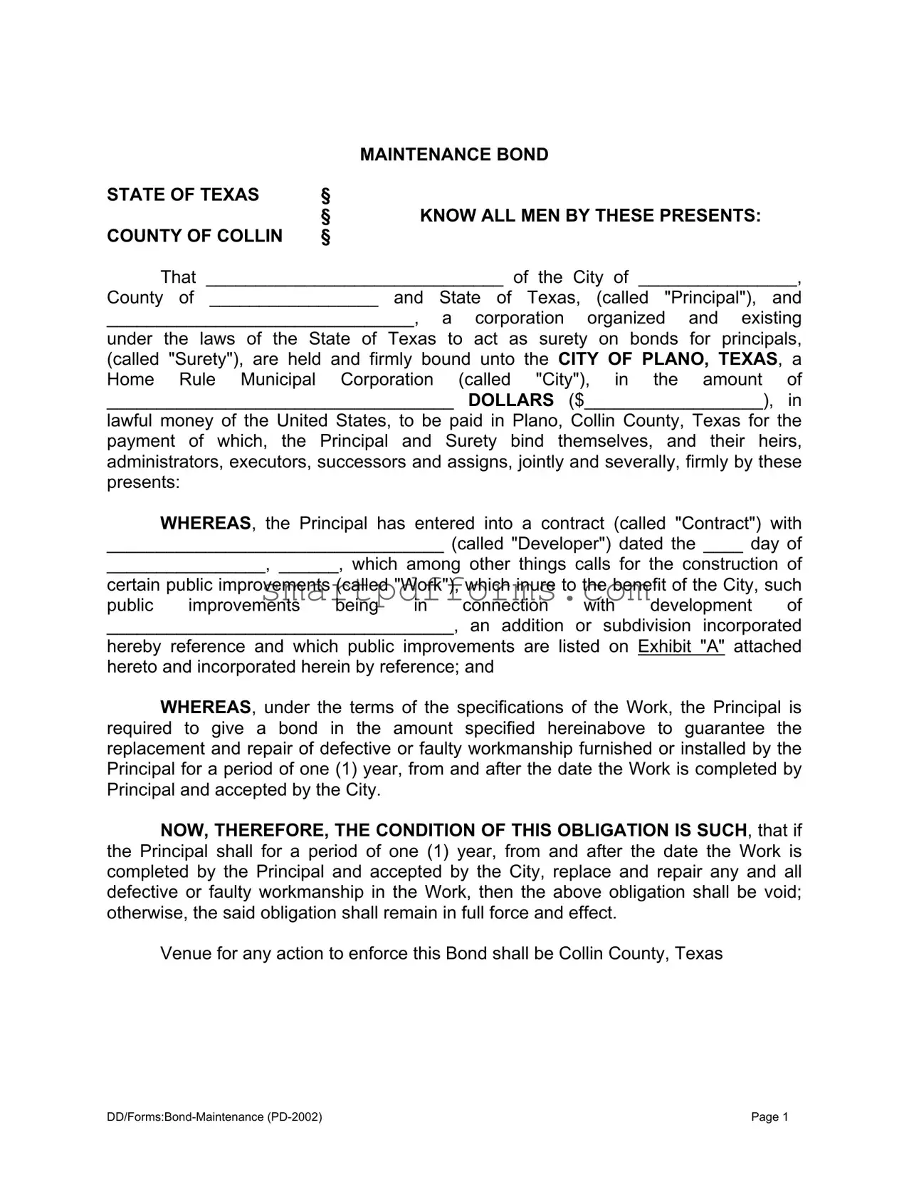 Blank Texas Maintenance Bond PDF Template