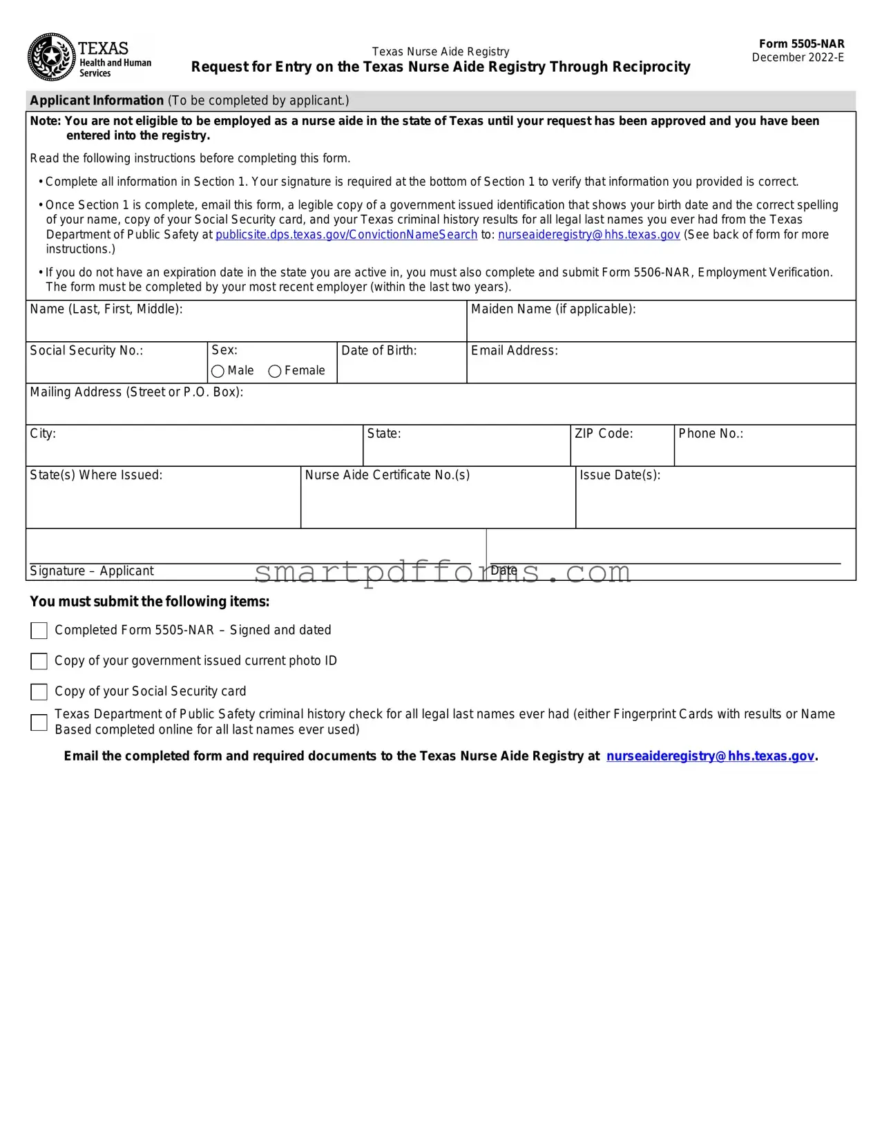 Blank Texas Nurse Aide Registry 5505-NAR PDF Template