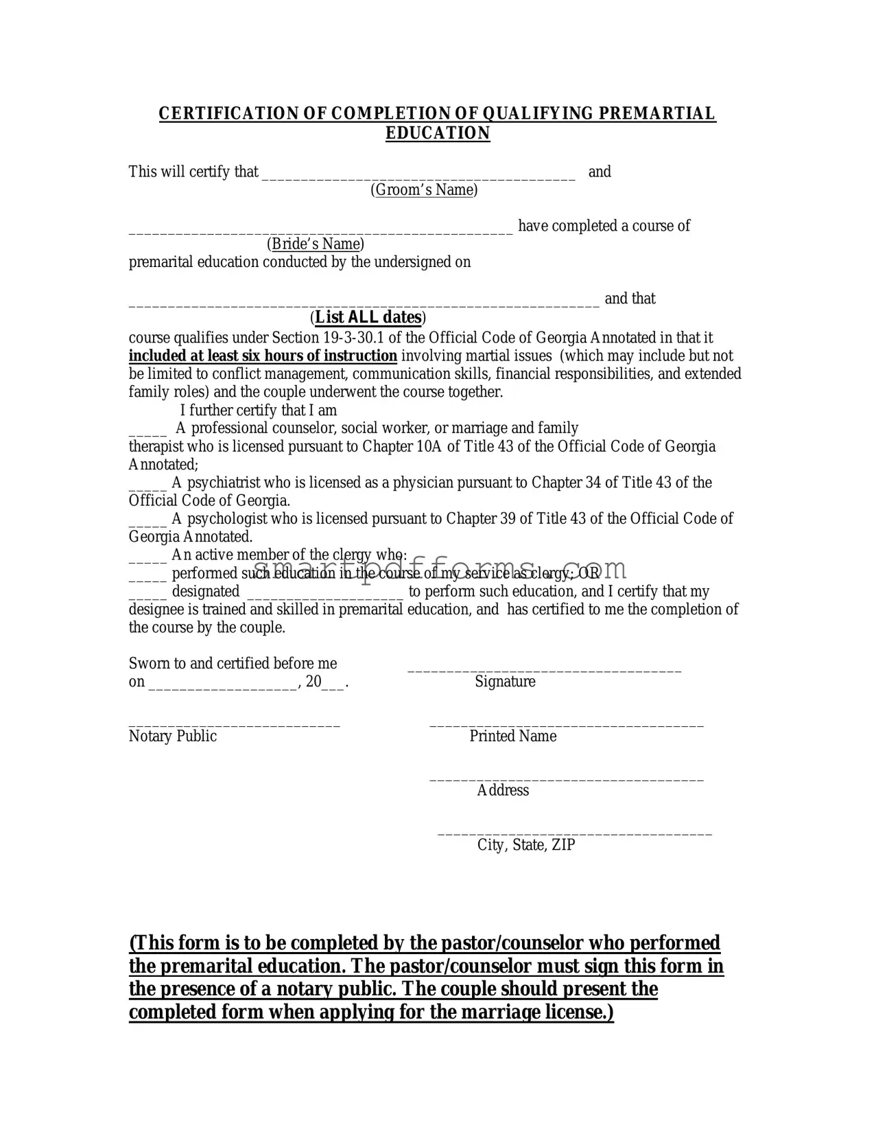 Blank Texas Premarital Course Certificate PDF Template