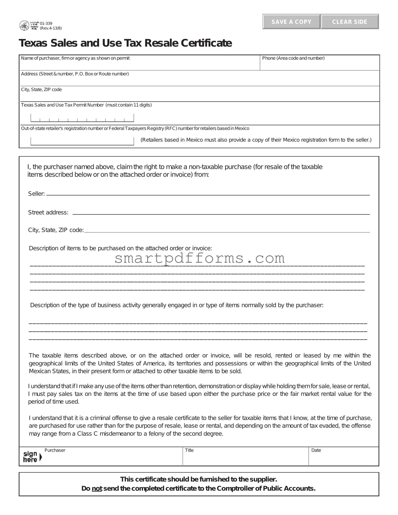 Blank Texas Resale Certificate 01 339 PDF Template