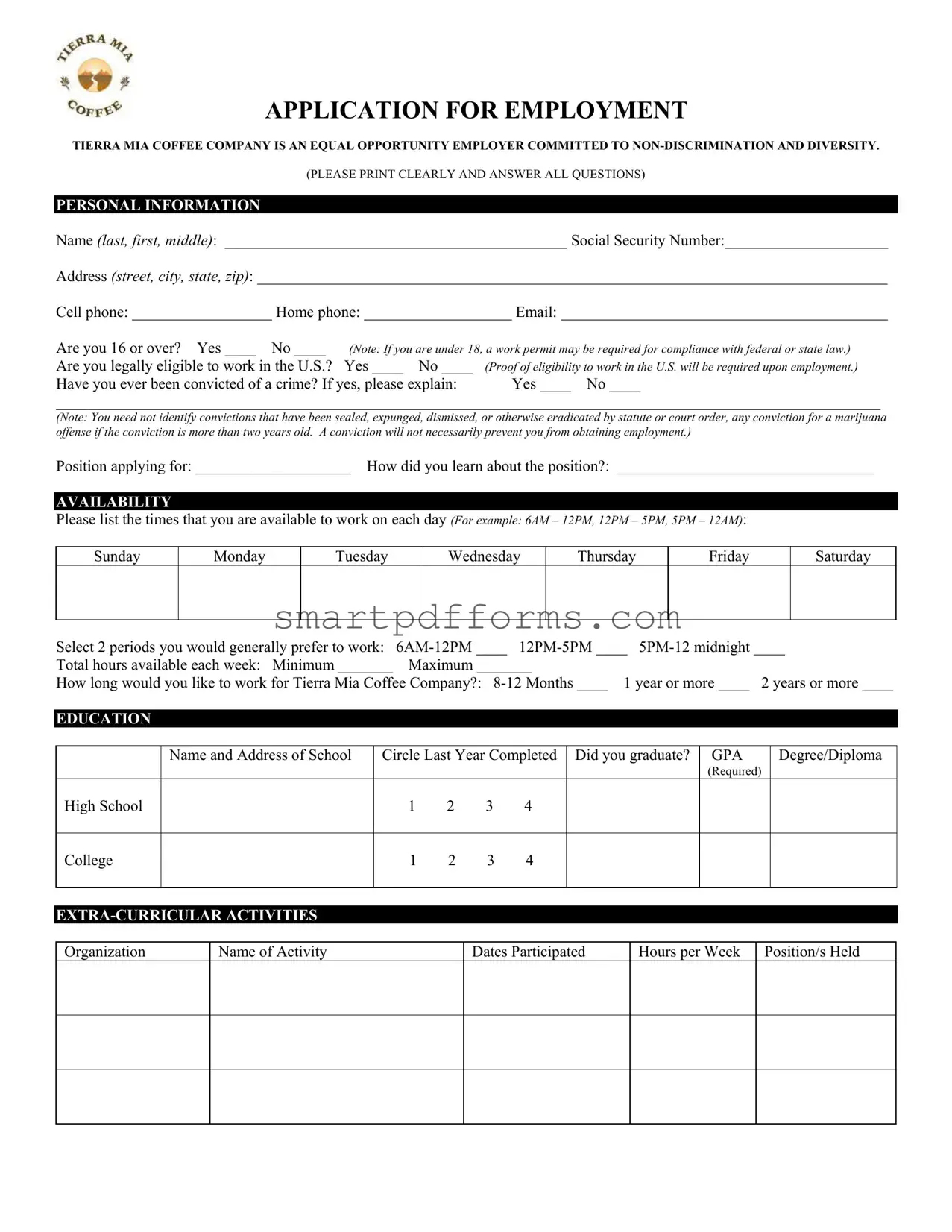 Blank Tierra Mia Application PDF Template