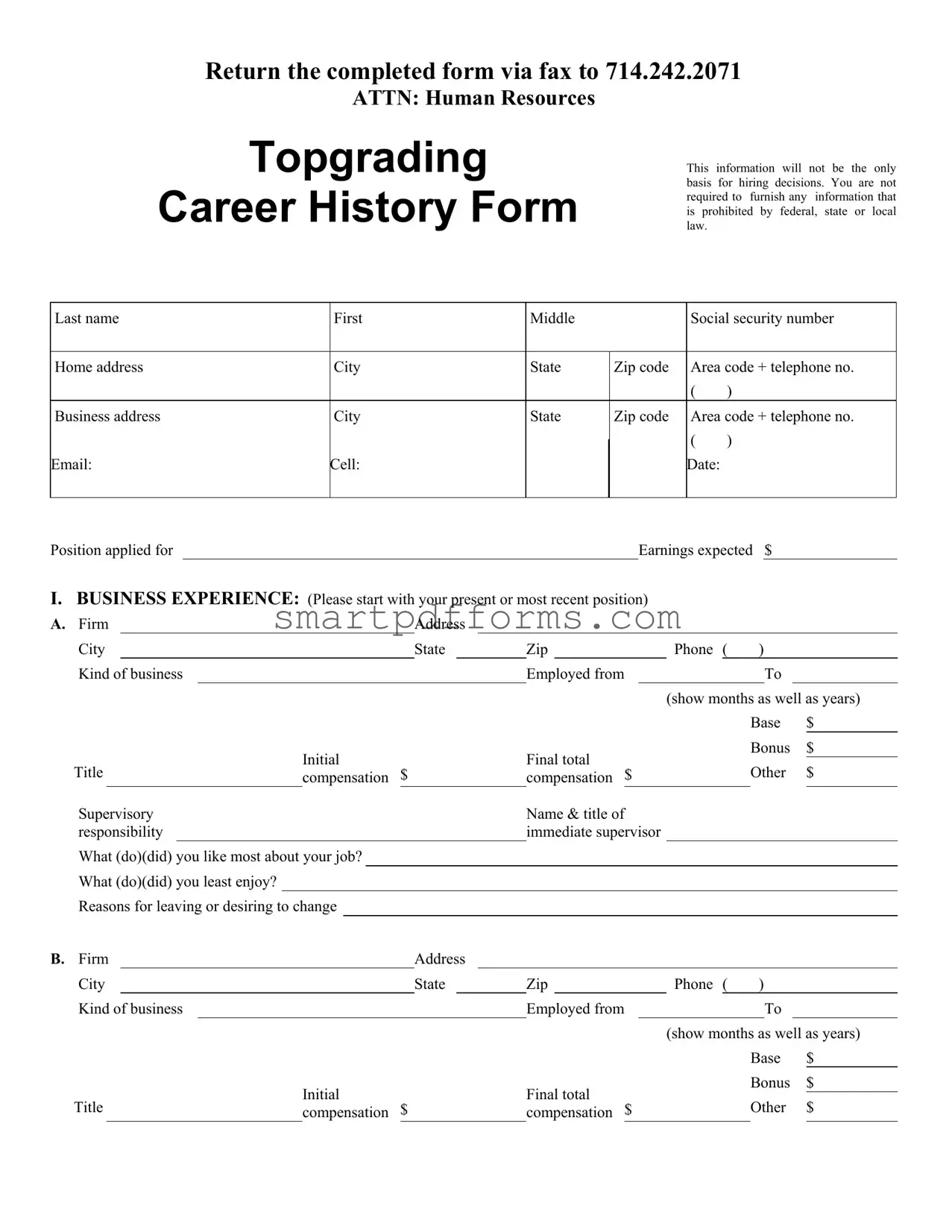 Blank Topgrading Career History PDF Template