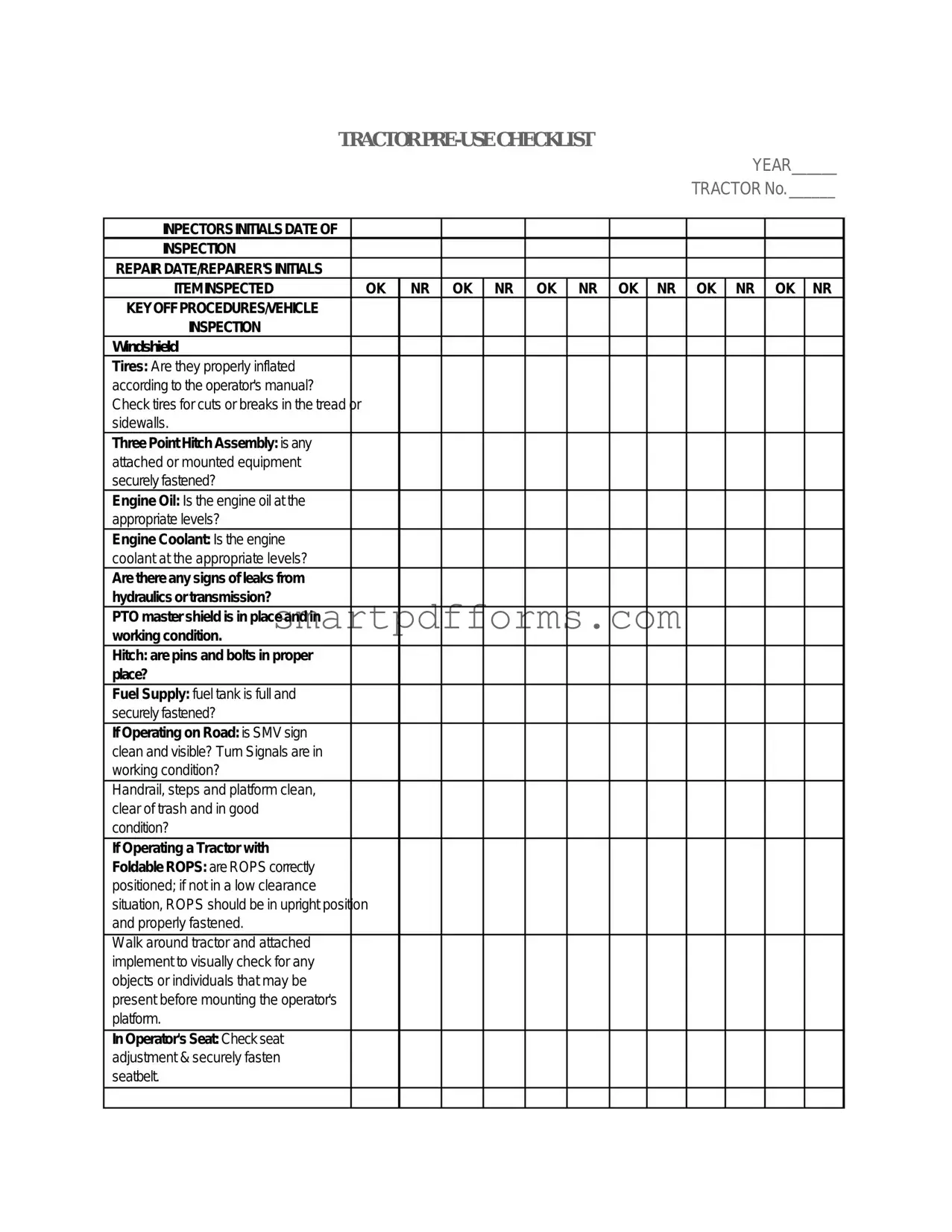 Blank Tractor Checklist PDF Template
