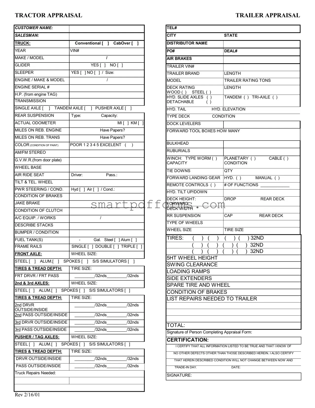 Blank Tractor Trailer Appraisal PDF Template