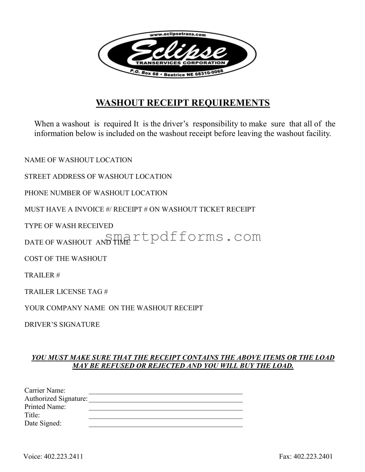 Blank Trailer Washout Ticket PDF Template