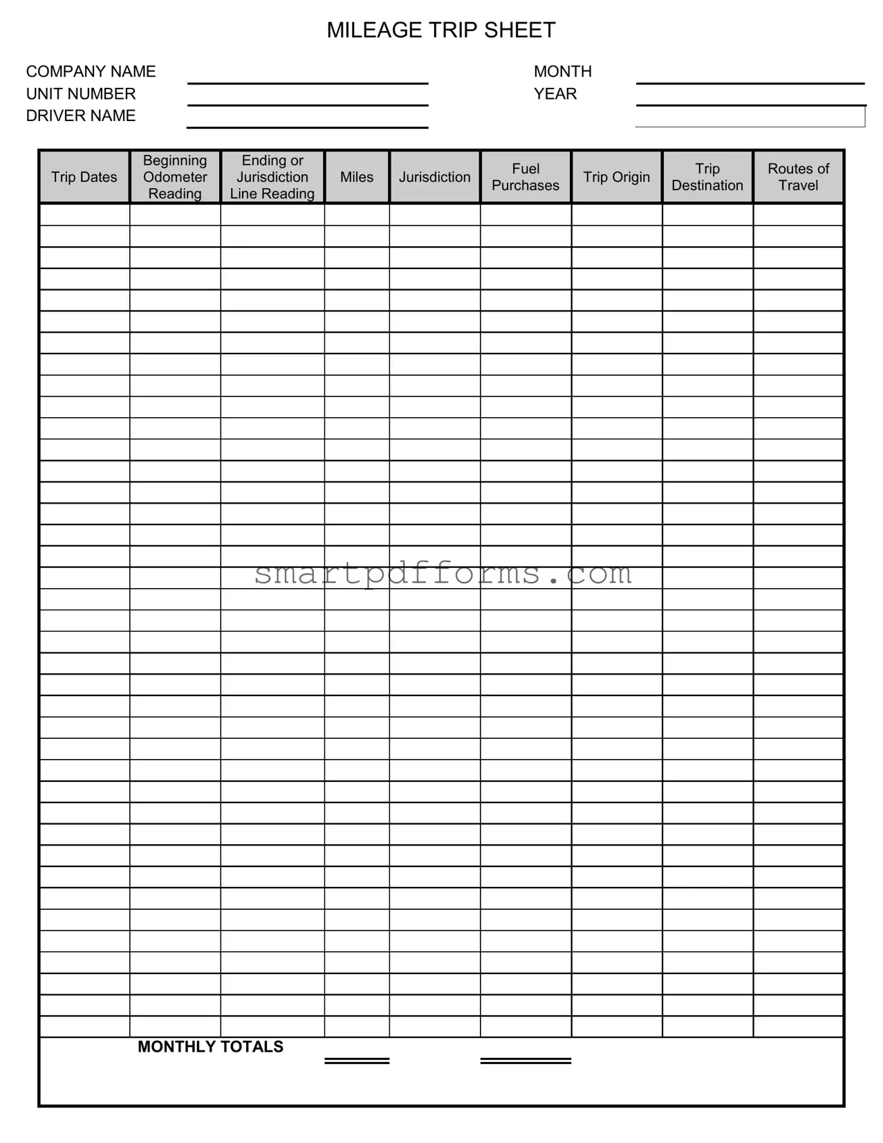 Blank Trip Sheet PDF Template