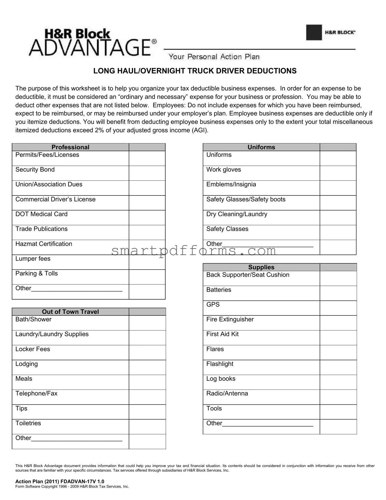 Blank Truck Driver Expenses Worksheet PDF Template