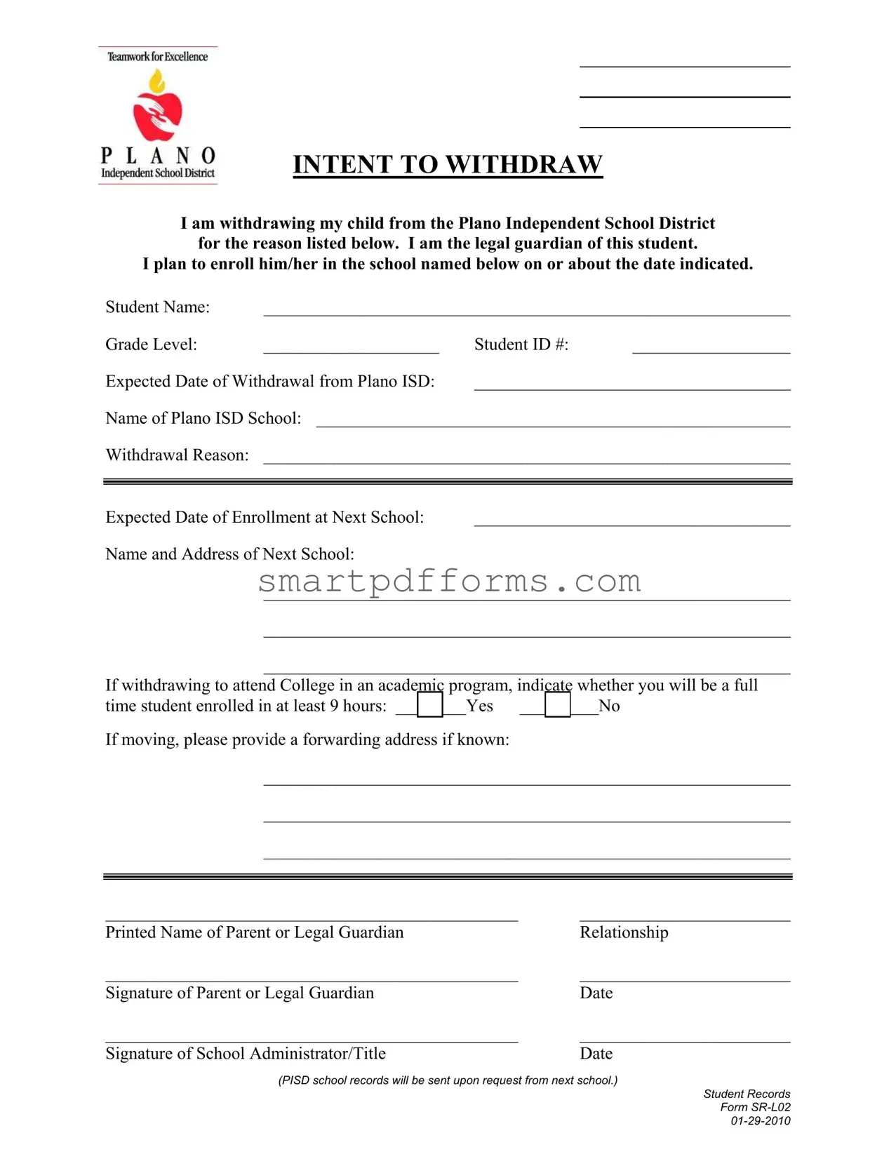 Blank Unenrolling From Plano Isd PDF Template