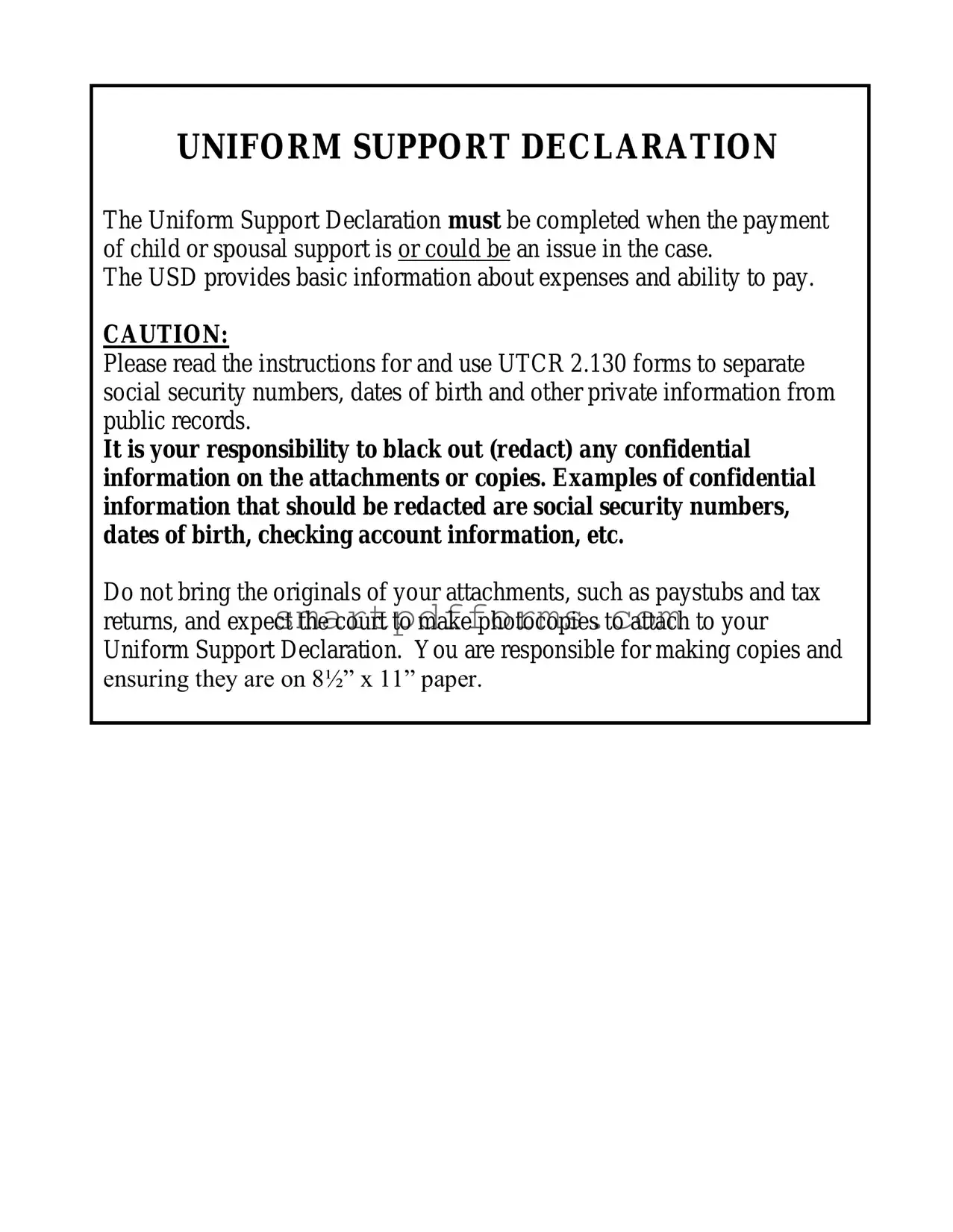 Blank Uniform Support Declaration PDF Template