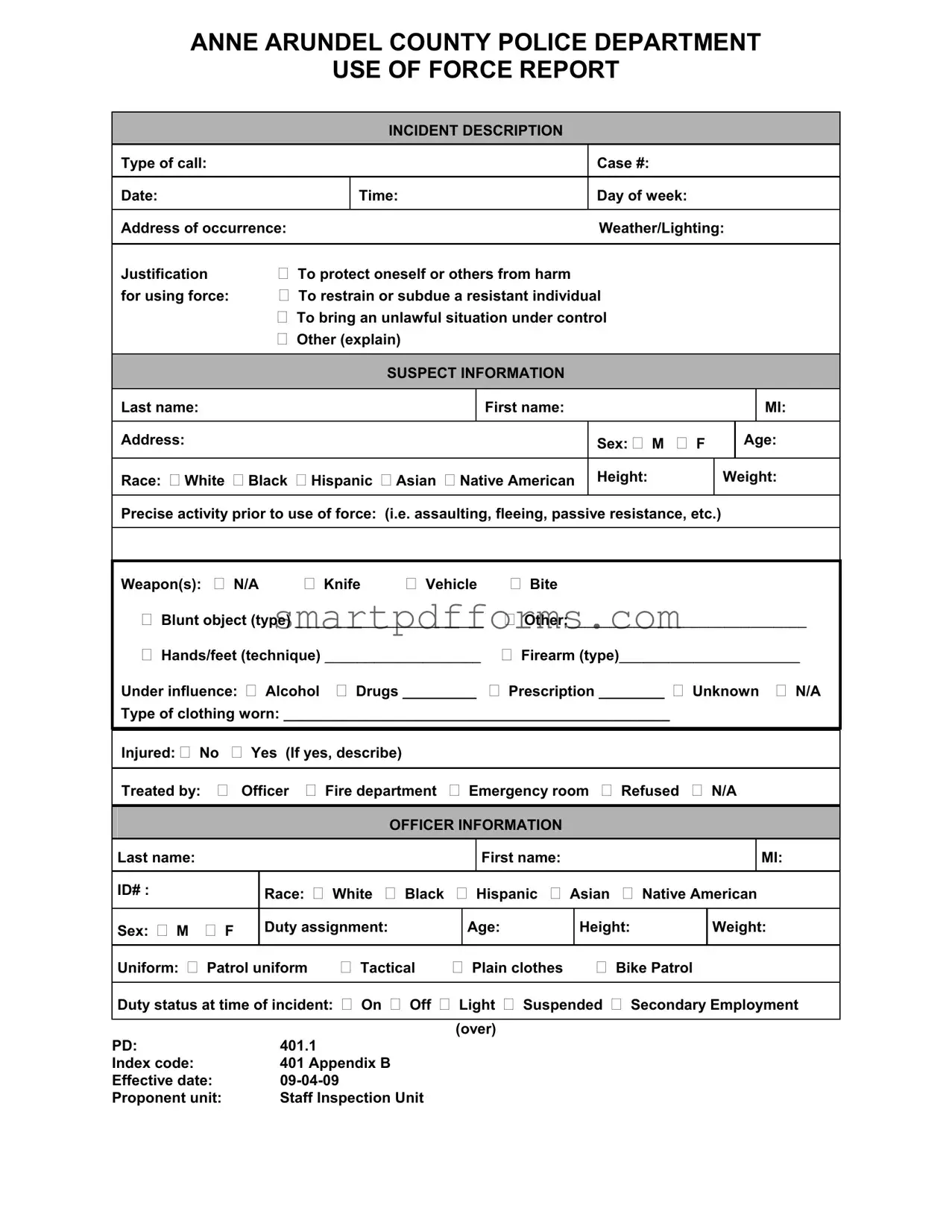 Blank Use Of Force Report PDF Template