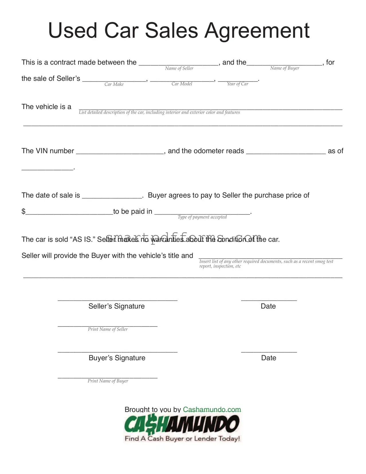 Blank Used Car Agreement PDF Template