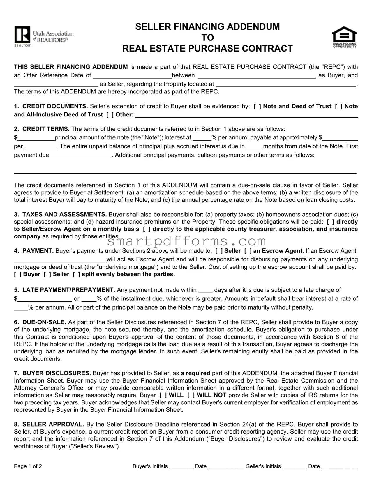 Blank Utah Seller Financing Addendum PDF Template