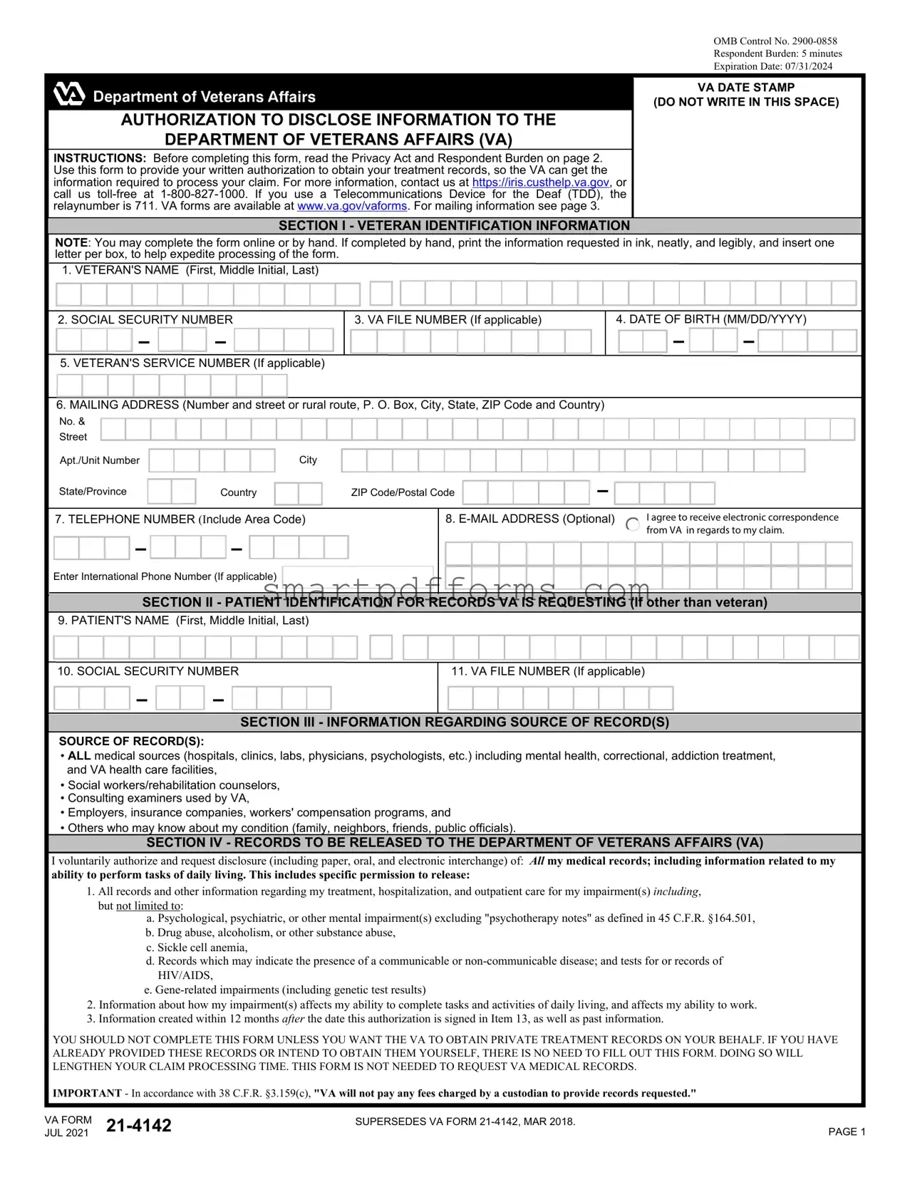 Blank Va 21 4142 PDF Template