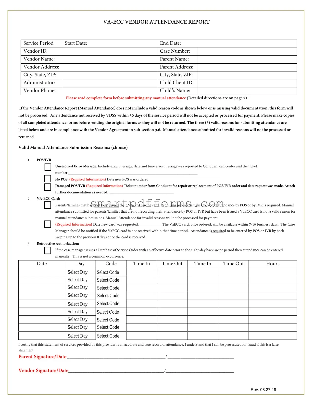Blank Va Ecc Vendor Attendance Report PDF Template