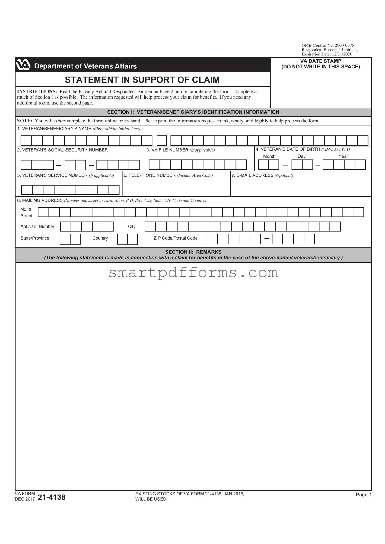 Blank VBA VA 21 4138 PDF Template
