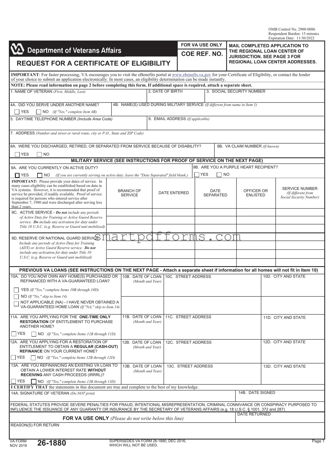 Blank VBA VA 26-1880 PDF Template