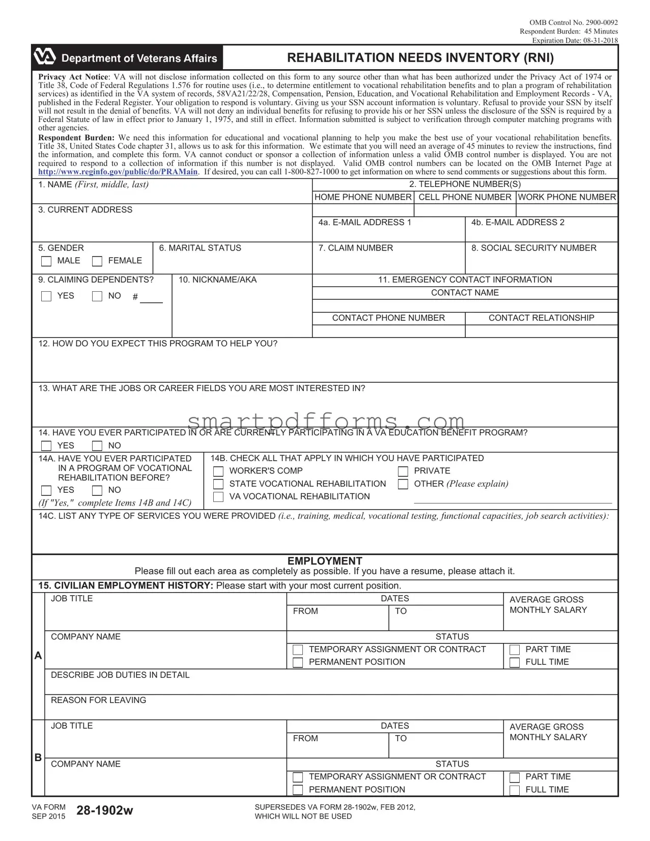 Blank VBA VA 28-1902w PDF Template