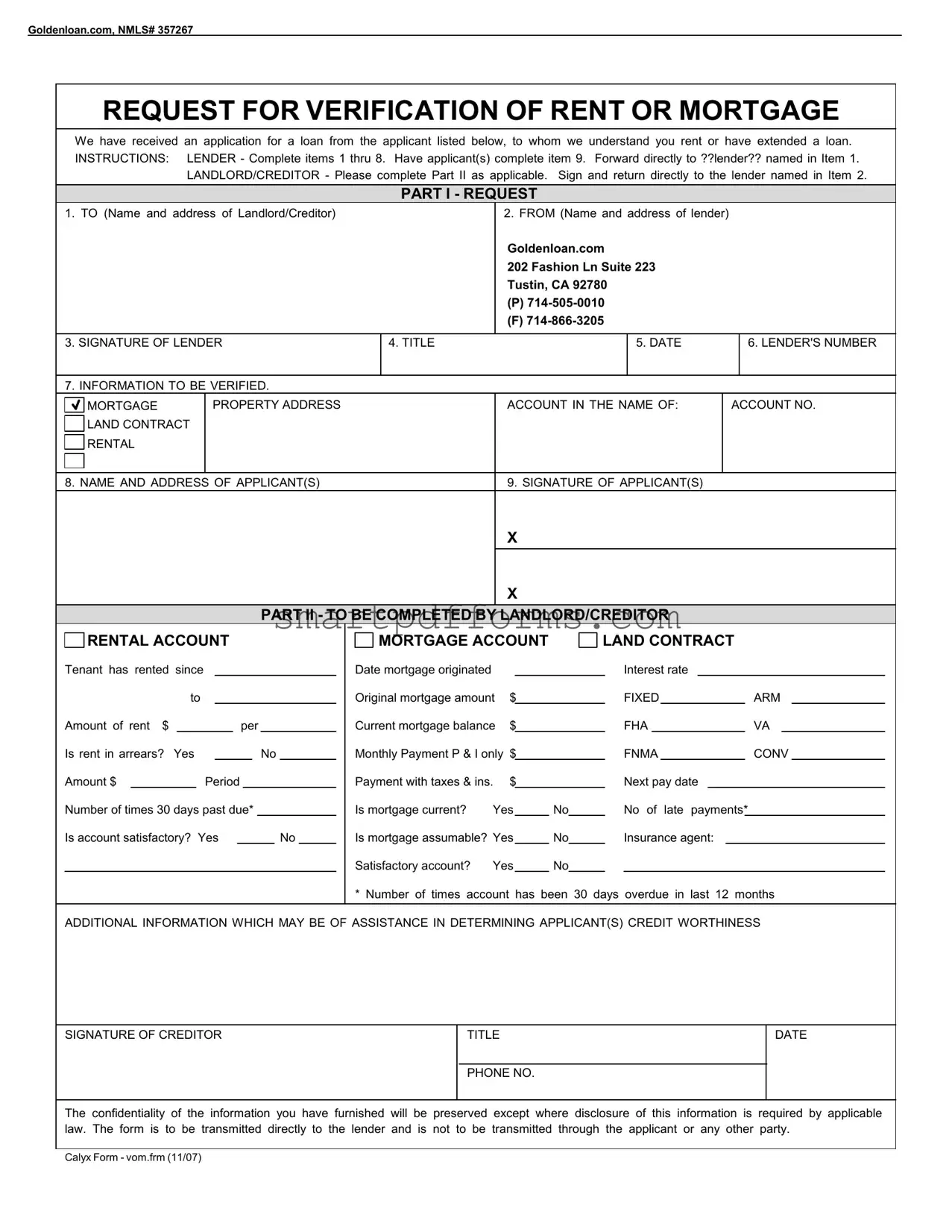 Blank Verification Rent Mortgage PDF Template