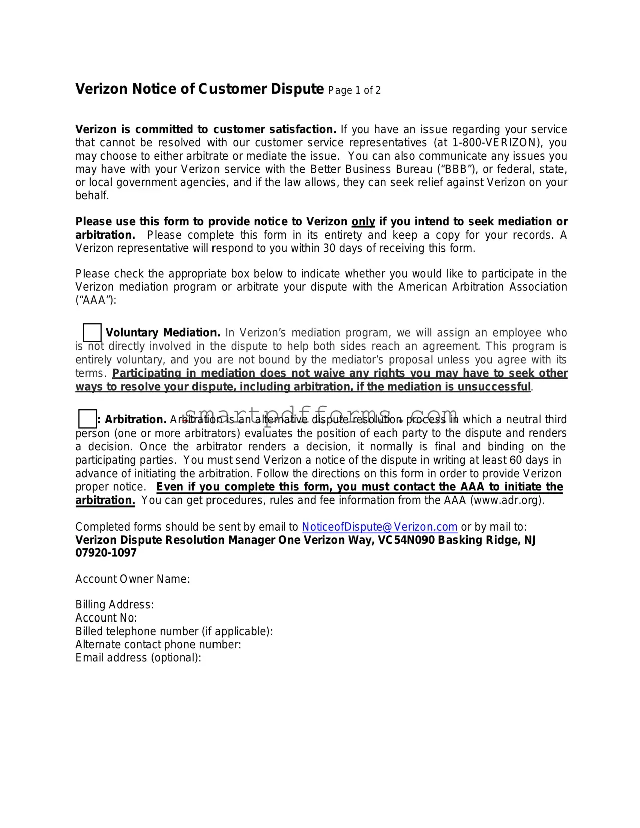 Blank Verizon Dispute PDF Template