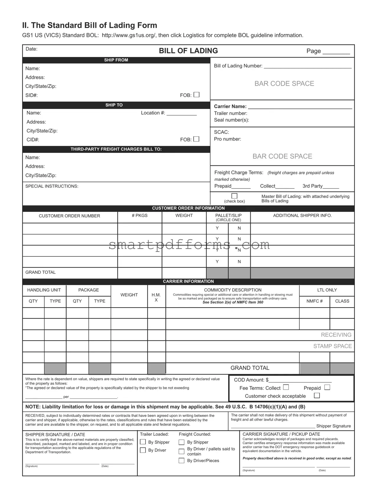 Blank Vics Bill Lading PDF Template