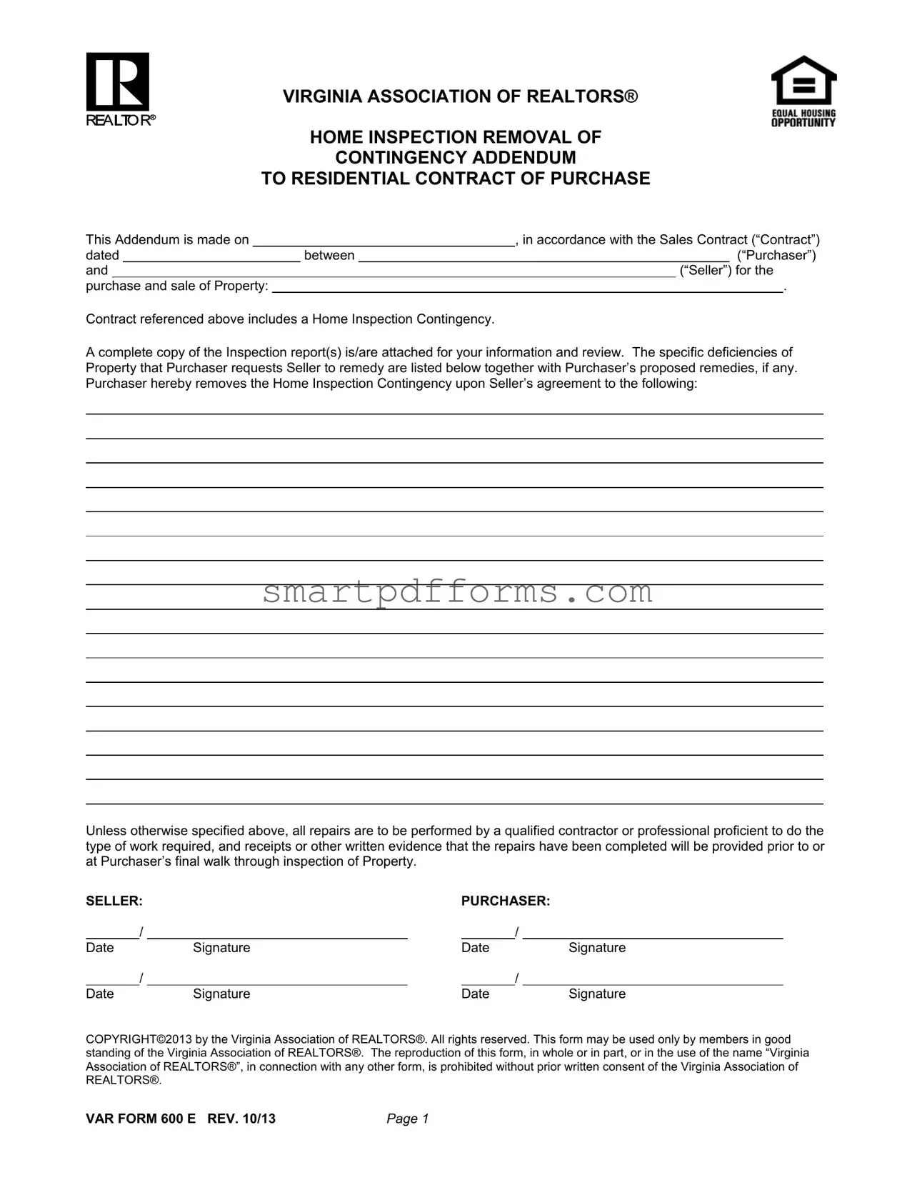 Blank Virginia Home Inspection Addendum PDF Template