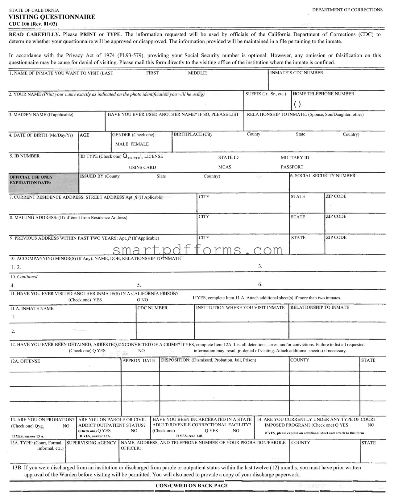 Blank Visiting Questionnaire PDF Template