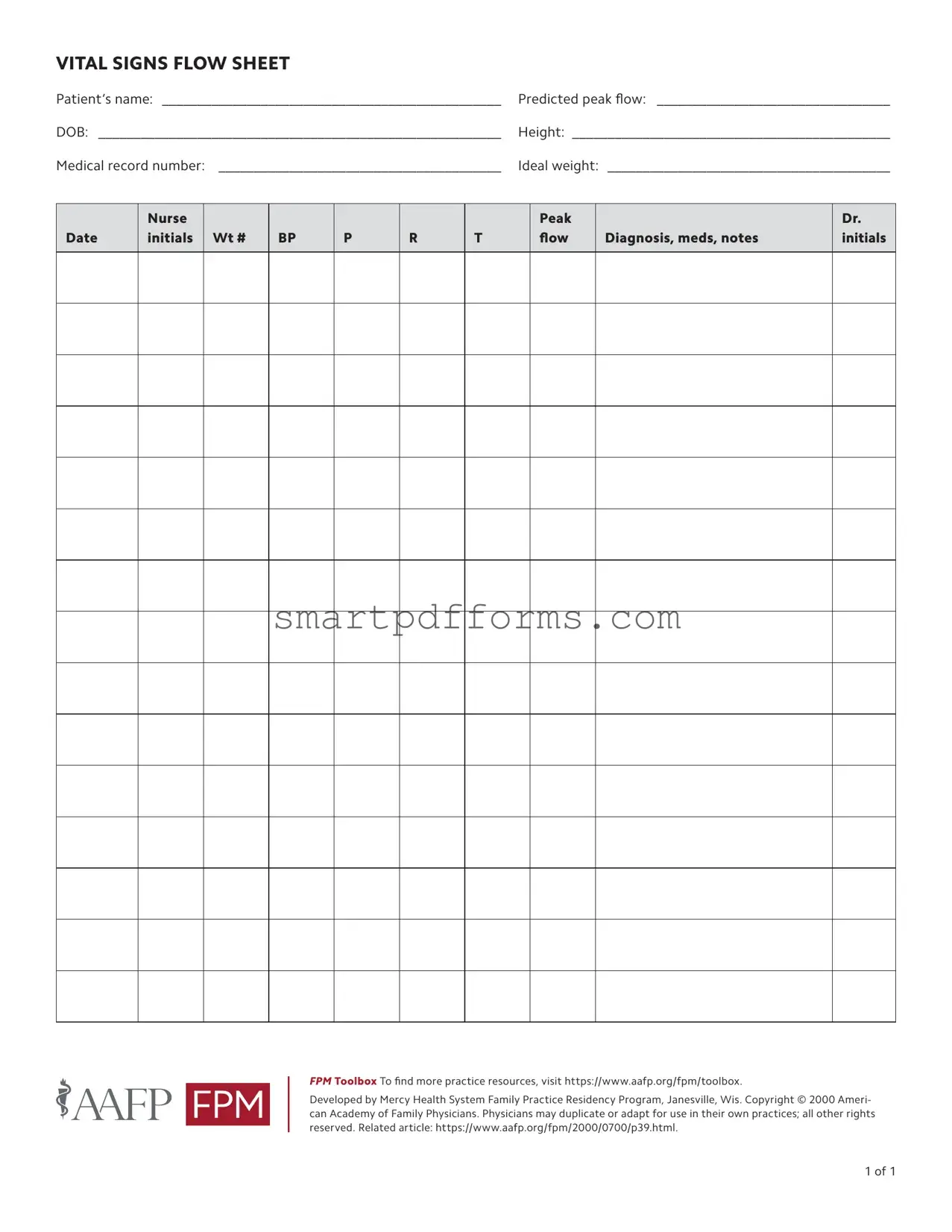 Blank Vital Signs Flow Sheet PDF Template