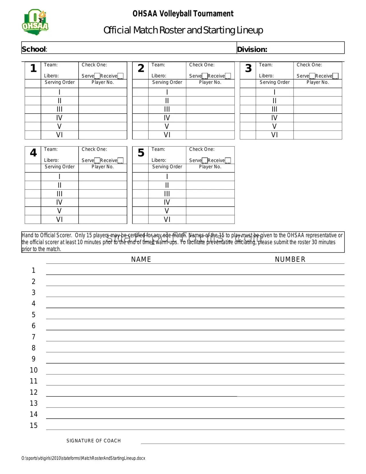 Blank Volleyball Official Lineup PDF Template