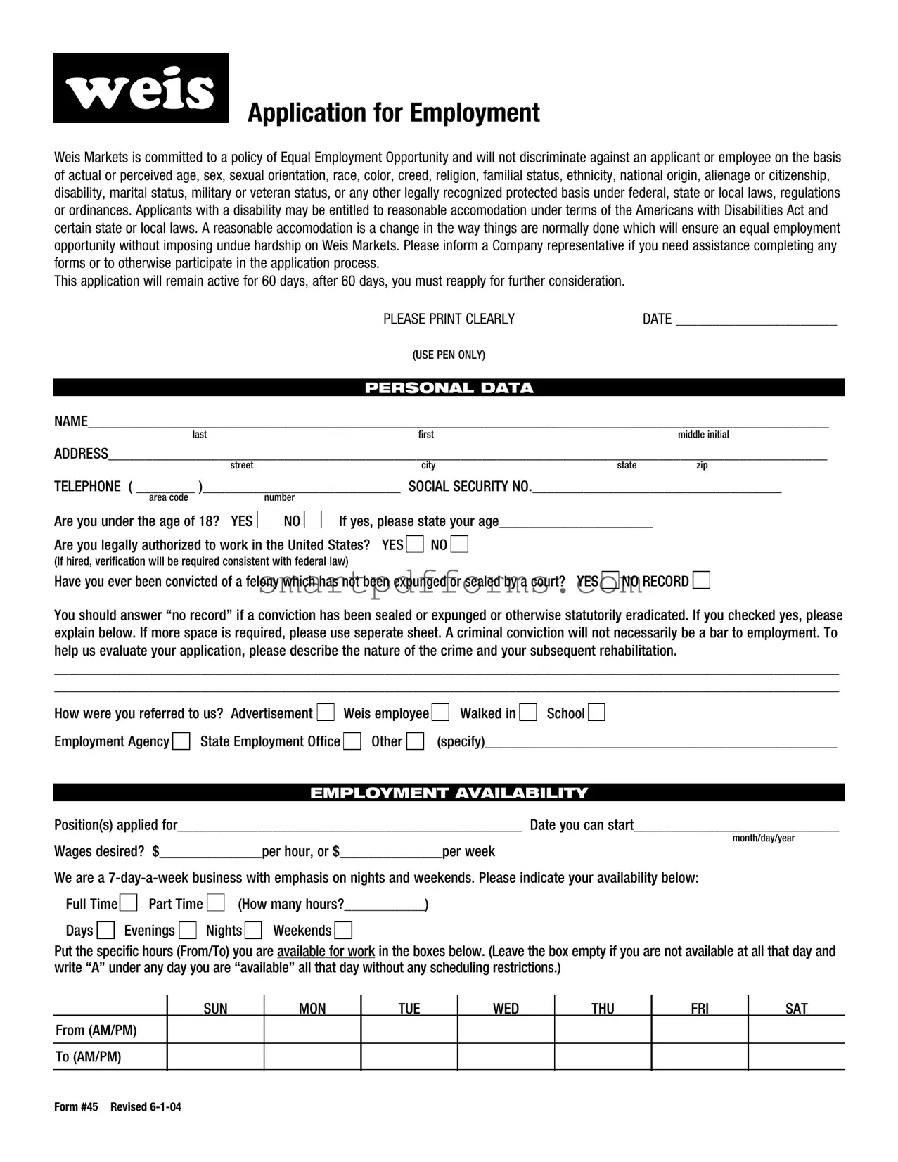 Blank Weis Employment Application PDF Template