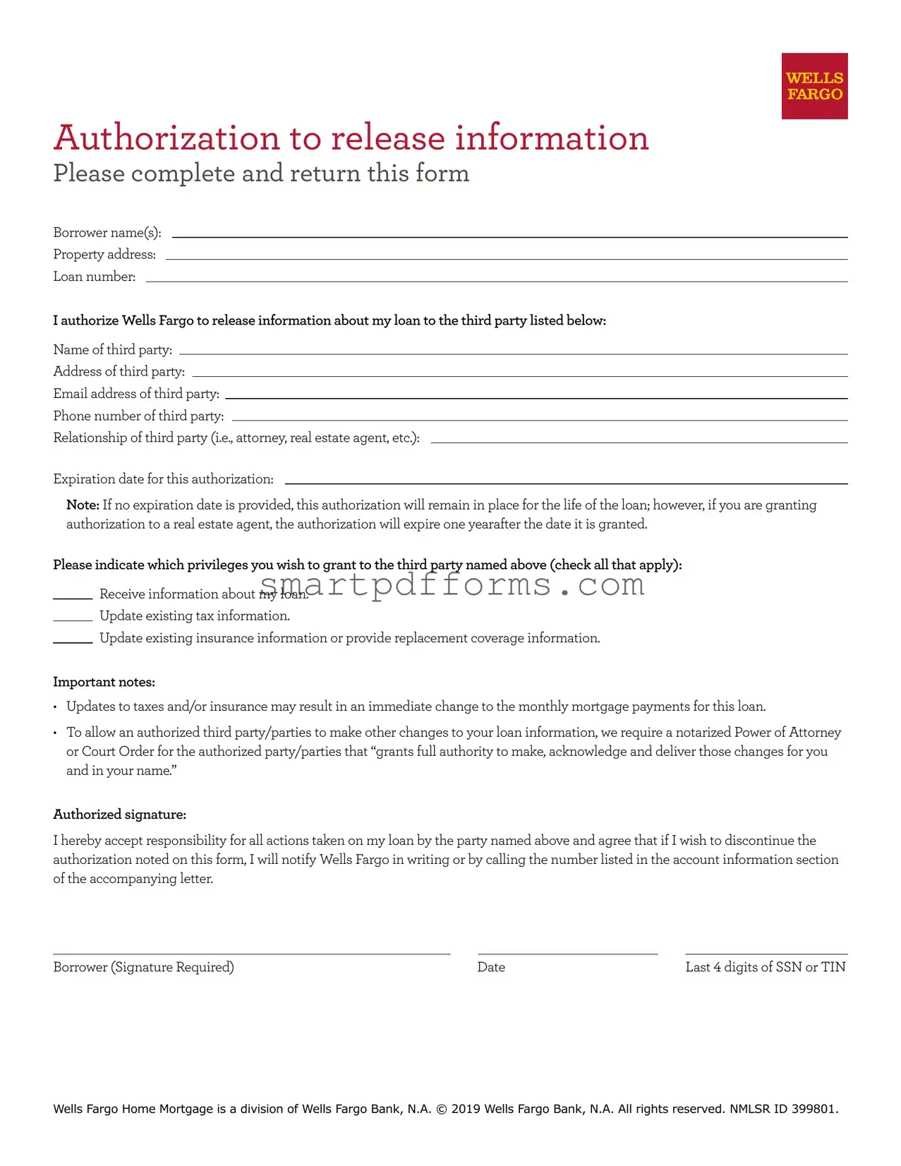 Blank Wells Fargo Authorization PDF Template
