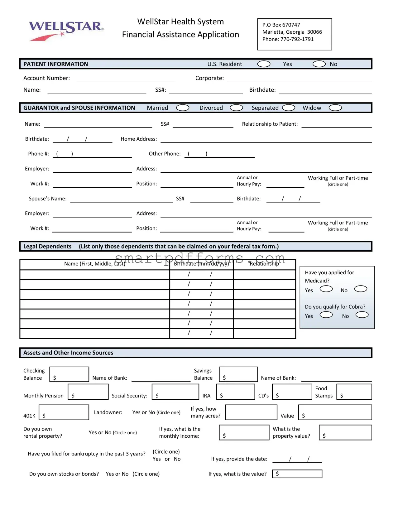 Blank Wellstar Financial Assistance Application PDF Template