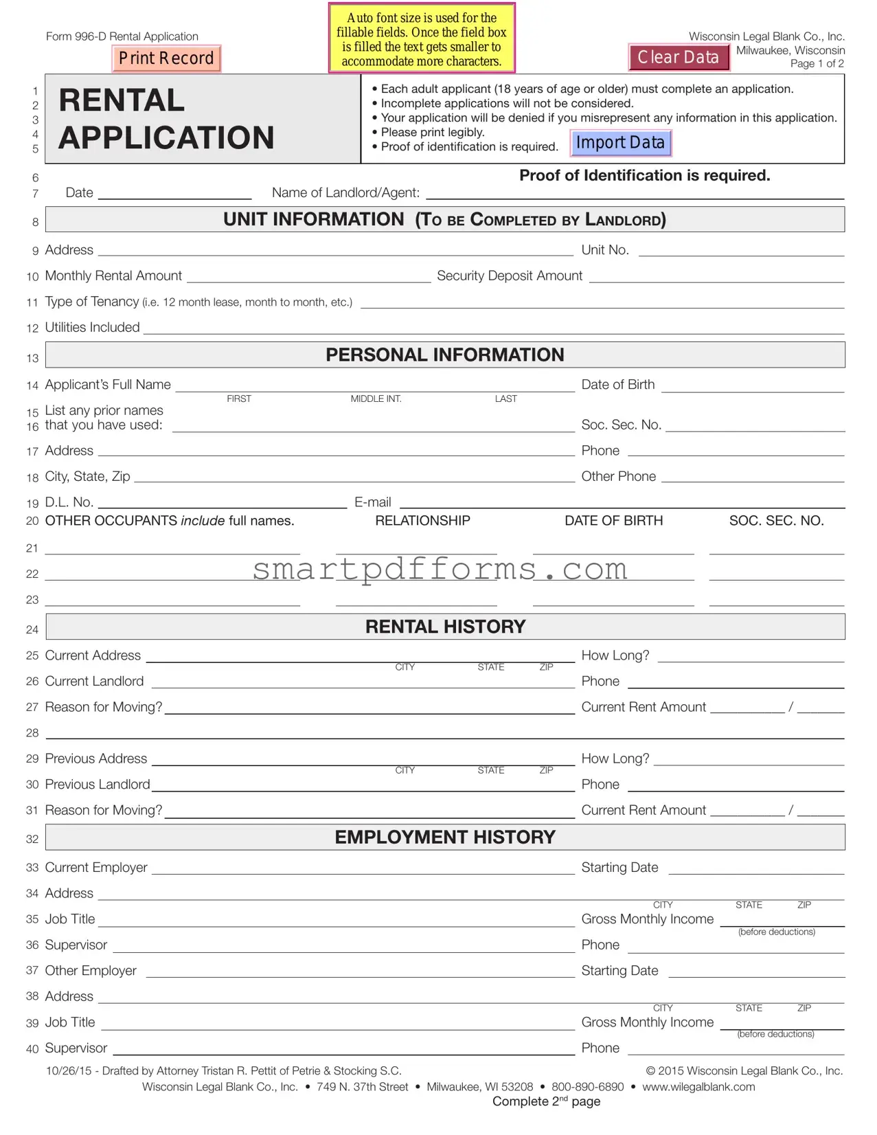 Blank Wisconsin Rental Application PDF Template