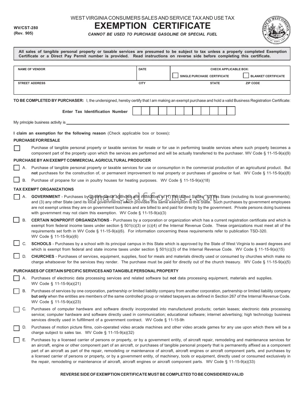 Blank Wv Tax Exempt PDF Template
