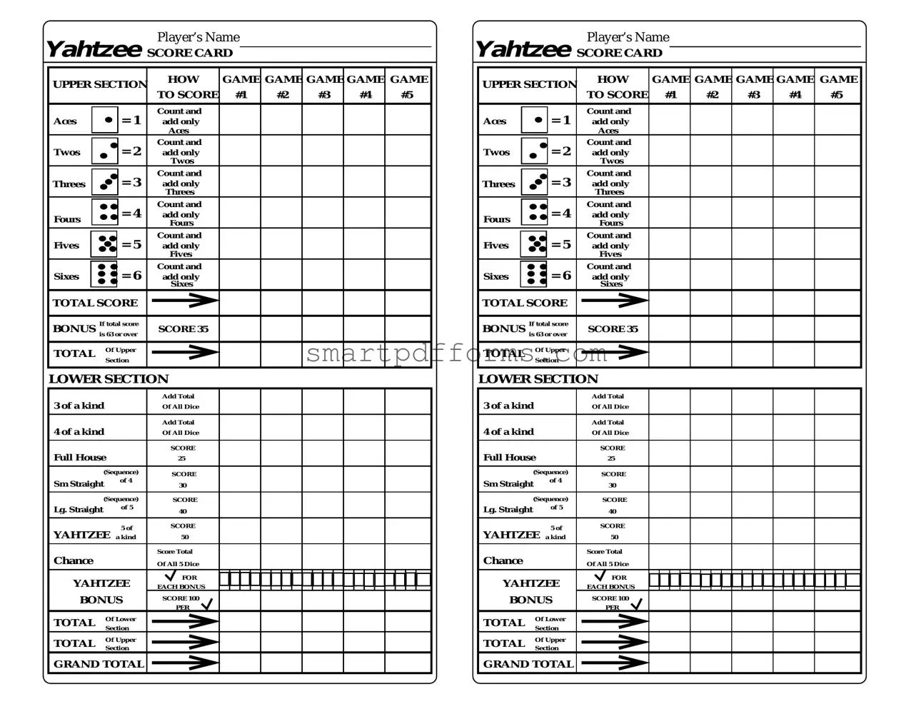 Blank Yahtzee Score Card PDF Template